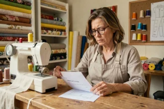 Couturière à domicile examinant une facture détaillée posée sur sa table de travail entourée de tissus et matériel de couture
