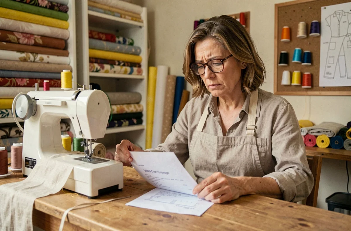 Couturière à domicile examinant une facture détaillée posée sur sa table de travail entourée de tissus et matériel de couture