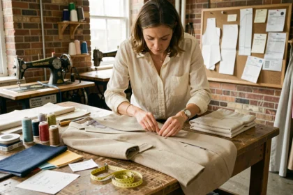 Couturière examinant les coutures d'un blazer sur une table de travail encombrée de fils, tissus et notes de tarifs en atelier