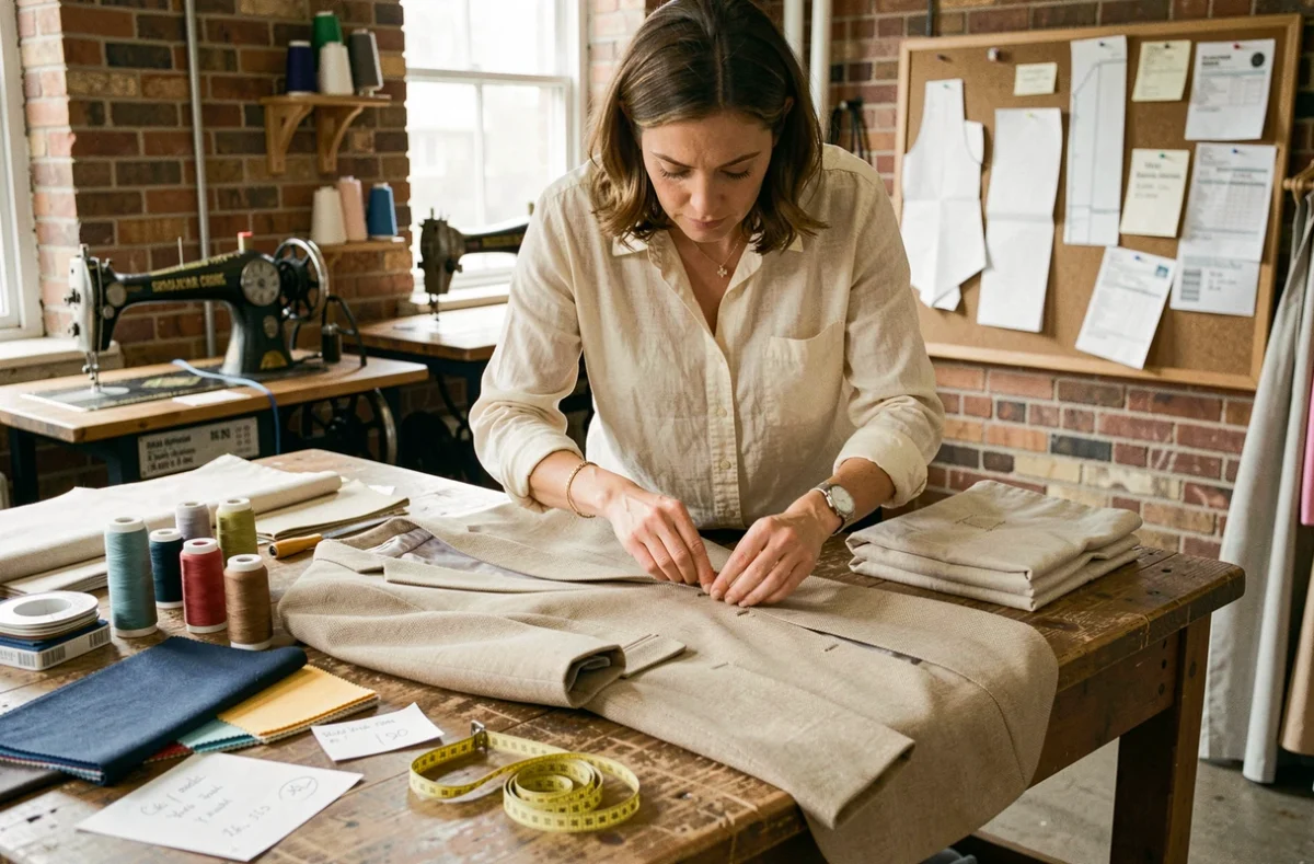 Couturière examinant les coutures d'un blazer sur une table de travail encombrée de fils, tissus et notes de tarifs en atelier