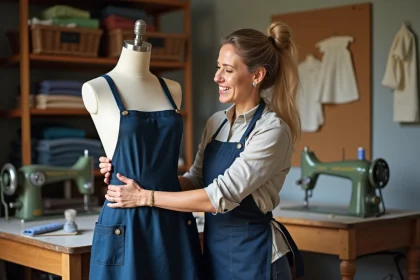 Femme couturiere souriante ajustant une robe dans son atelier