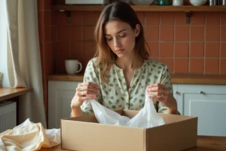 Femme française déballant une commande de vêtements Thehalara dans une cuisine parisienne