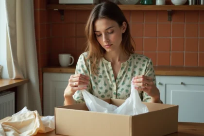 Femme française déballant une commande de vêtements Thehalara dans une cuisine parisienne