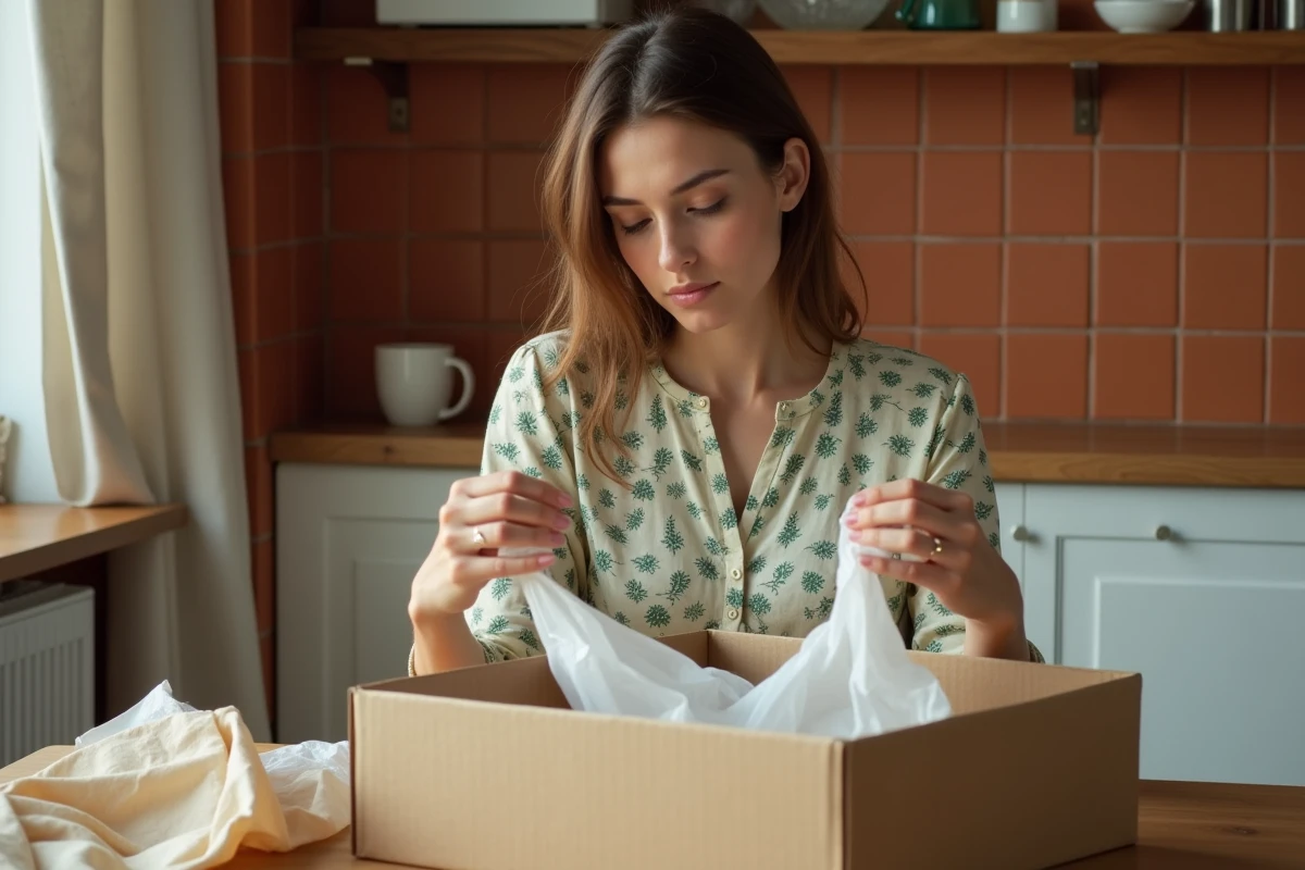 Femme française déballant une commande de vêtements Thehalara dans une cuisine parisienne