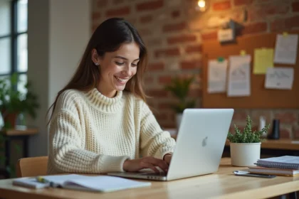 Jeune femme débutante en blogging travaillant sur son ordinateur portable dans un bureau à domicile chaleureux avec des carnets et des notes épinglées