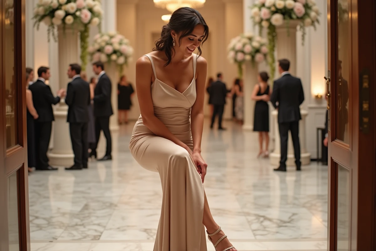 Demoiselle d'honneur en robe champagne soulageant ses pieds dans ses talons lors d'une réception de mariage élégante