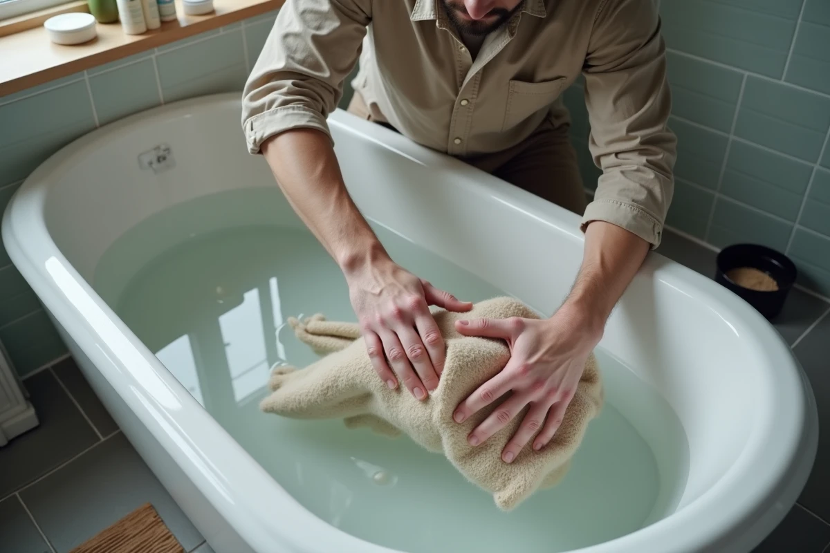 Homme trempant un pull en laine feutré dans un bain d'eau tiède avec de l'après-shampoing pour tenter de le détendre