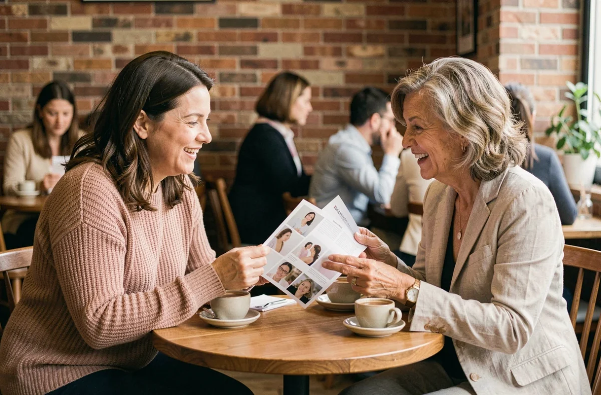 Deux femmes discutant de résultats de soins esthétiques avec des photos imprimées dans un café, conversation animée et naturelle