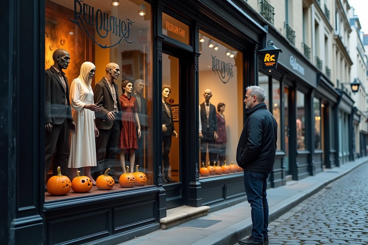 Devanture d'une boutique de costumes d'horreur dans une rue parisienne avec mannequins déguisés et citrouilles sculptées