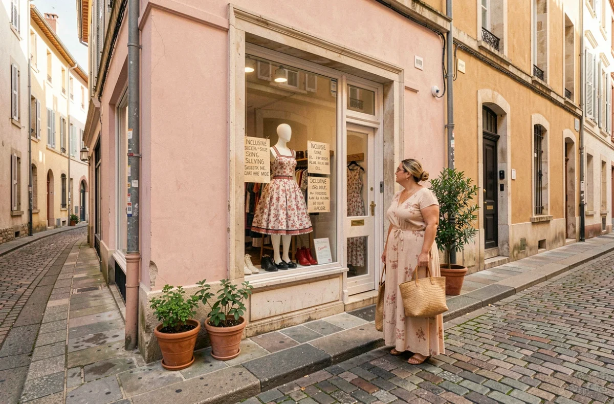 Devanture d'une boutique vintage inclusive à Toulouse avec vitrine présentant des tenues grandes tailles