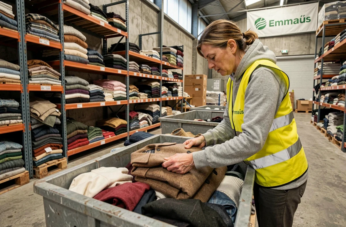 Bénévole triant des vêtements donnés dans l'entrepôt textile solidaire d'Emmaüs Bourg-en-Bresse
