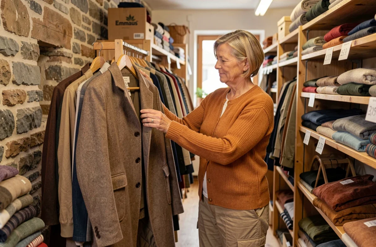 Cliente inspectant une veste vintage à l'Emmaüs Oyonnax, friperie solidaire du Haut-Bugey