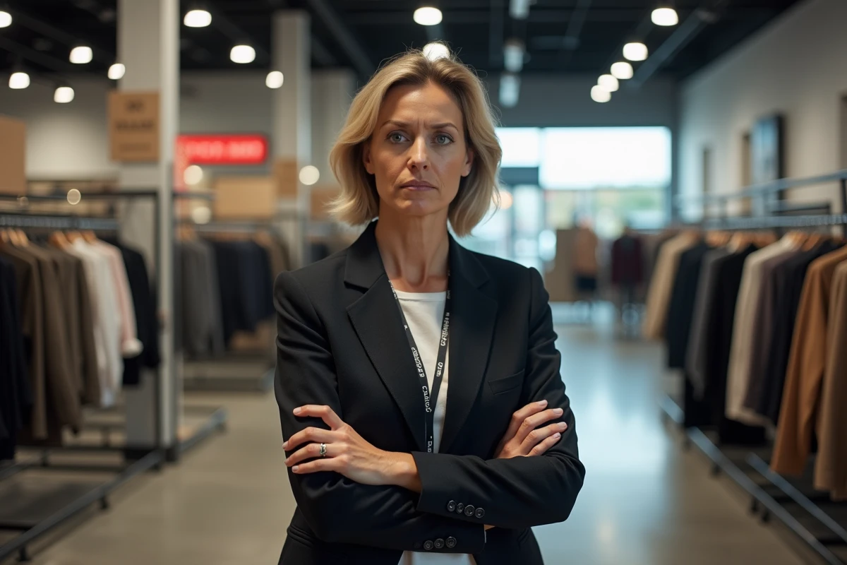 Responsable de magasin de prêt-à-porter debout dans une boutique presque vide, symbolisant les conséquences économiques des fermetures de Zara pour les employés