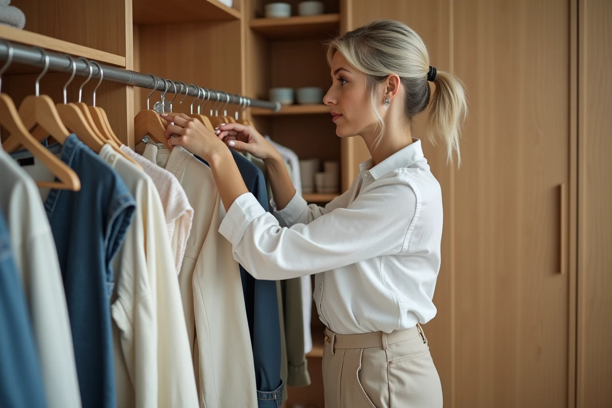 Femme inspectant un antivol araignée sur un jean dans une chambre à coucher rangée avec un outil domestique