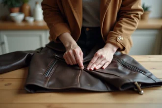 Femme appliquant de la crème d'entretien sur un blouson en cuir marron foncé posé sur une table en bois