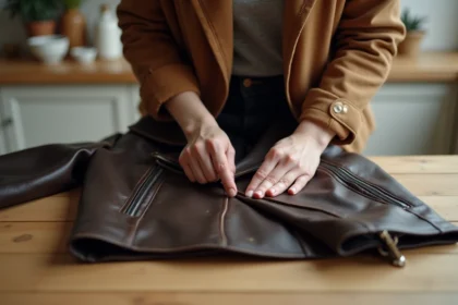 Femme appliquant de la crème d'entretien sur un blouson en cuir marron foncé posé sur une table en bois