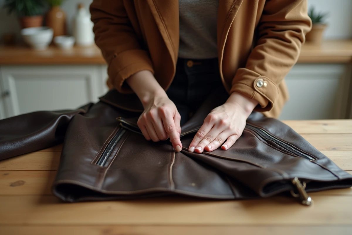 Femme appliquant de la crème d'entretien sur un blouson en cuir marron foncé posé sur une table en bois