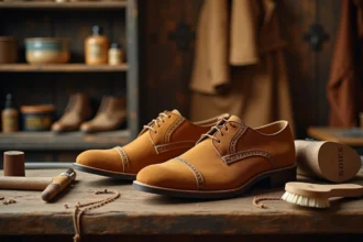 Entretien de chaussures en daim camel avec une brosse spécialisée sur un établi de cordonnier