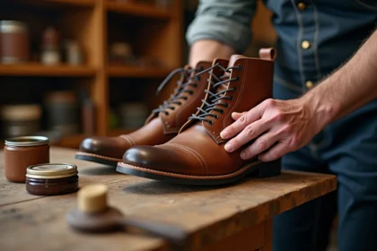 Entretien du cuir gras avec brosse et cire neutre appliquée à la main sur des bottines en cuir marron posées sur un établi en bois