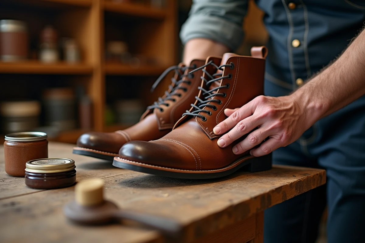 Entretien du cuir gras avec brosse et cire neutre appliquée à la main sur des bottines en cuir marron posées sur un établi en bois