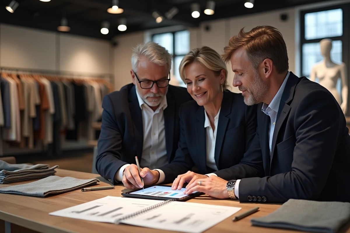Groupe de trois personnes analyse un tableau de coûts mode