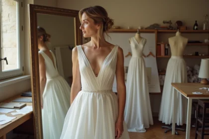 Cliente en robe de mariée en cours de retouche chez un couturier à Reims, avec des épingles et des marques de craie visibles sur le tissu