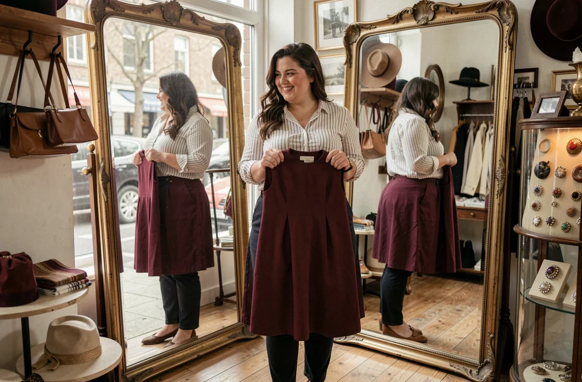 Femme ronde essayant une robe vintage bordeaux devant un miroir ancien dans une friperie toulousaine