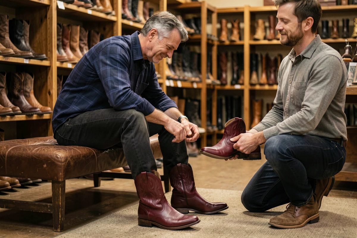 Homme essayant des santiags rouge cerise dans une boutique de bottes western, vendeur l'assistant avec des détails de coutures visibles