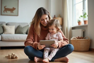 Mère et enfant en bas âge consultant le site Kiabi sur une tablette dans un salon familial cosy