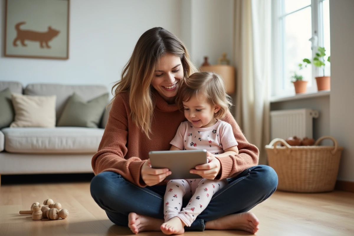 Mère et enfant en bas âge consultant le site Kiabi sur une tablette dans un salon familial cosy