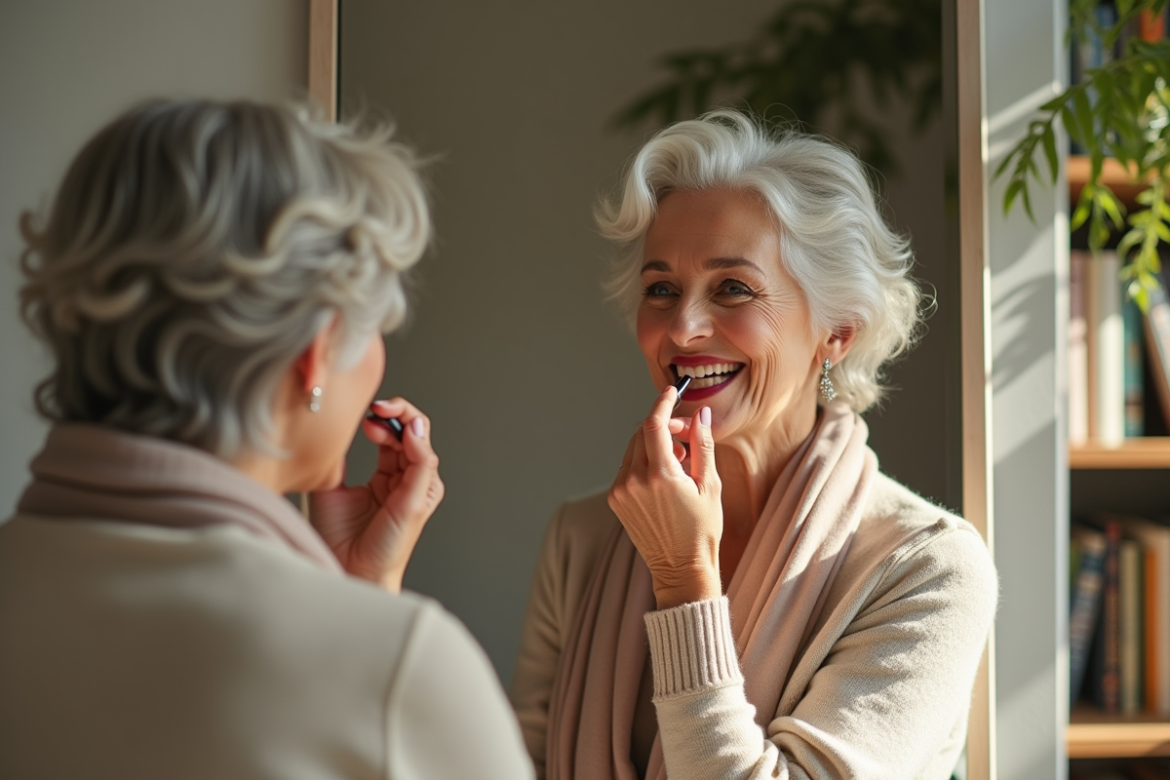 Femme élégante de 60 ans appliquant du rouge à lèvres dans son miroir