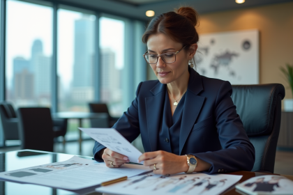 Femme d affaires en costume navy examine des documents