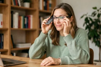 Femme utilisant une application pour essayer des lunettes en réalité augmentée sur son smartphone