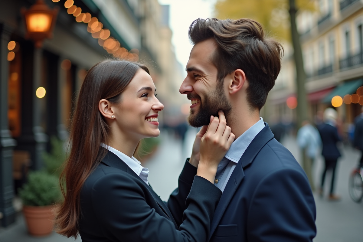 Femme souriante observant le visage de son partenaire