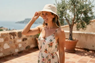 Femme stylée portant un bob crème et une robe fleurie sur une terrasse méditerranéenne ensoleillée