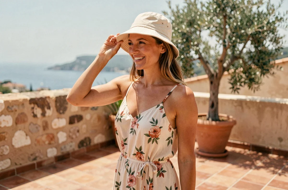 Femme stylée portant un bob crème et une robe fleurie sur une terrasse méditerranéenne ensoleillée