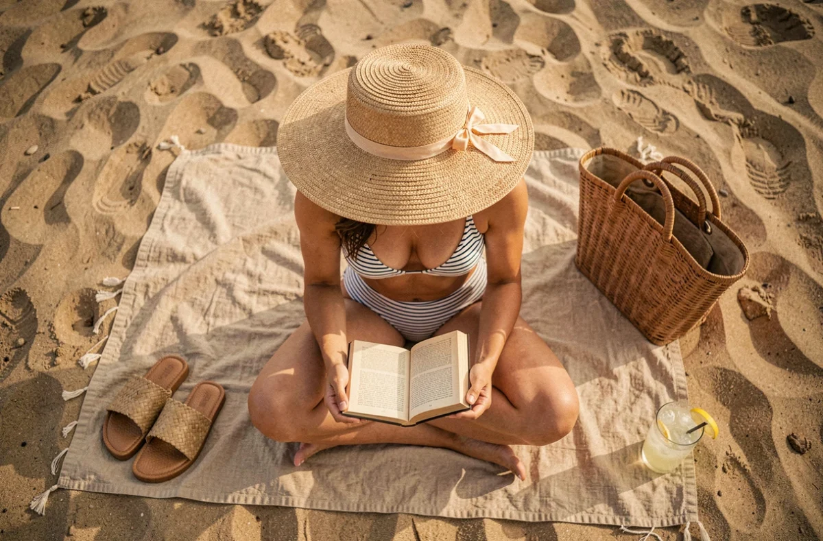 Femme portant un bob en raphia sur une serviette de plage dorée avec accessoires d'été