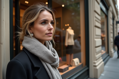 Femme élégante devant une boutique parisienne chic