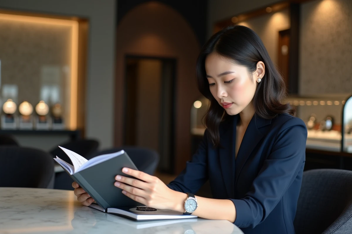 Femme professionnelle examine un catalogue de montres