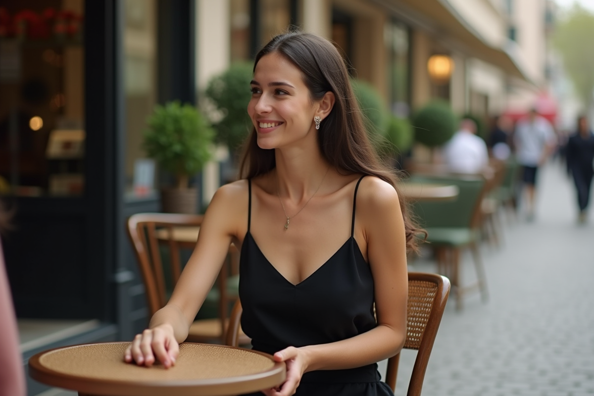 Jeune femme en robe noire assise au café en ville