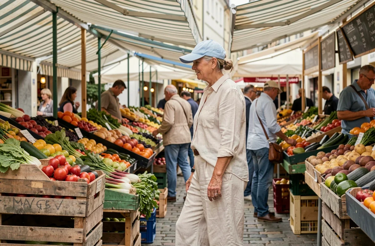 Femme en casquette bleue et tenue en lin ivoire au marché en plein air en été