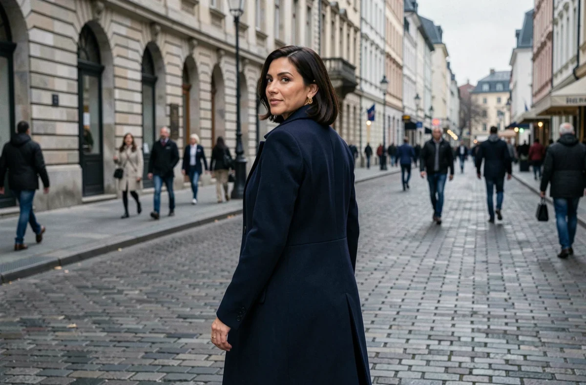 Femme charismatique marchant dans une rue pavée européenne, regard caméra, illustrant l'intérêt médiatique pour les photos de célébrités