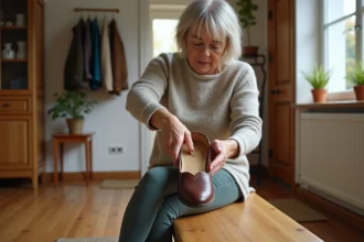Femme mature examinant une chaussure à embout large adaptée à l'hallux valgus dans une entrée de maison