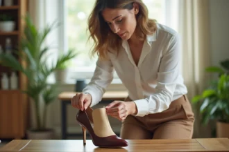 Femme élégante préparant une chaussure en cuir dans un salon lumineux