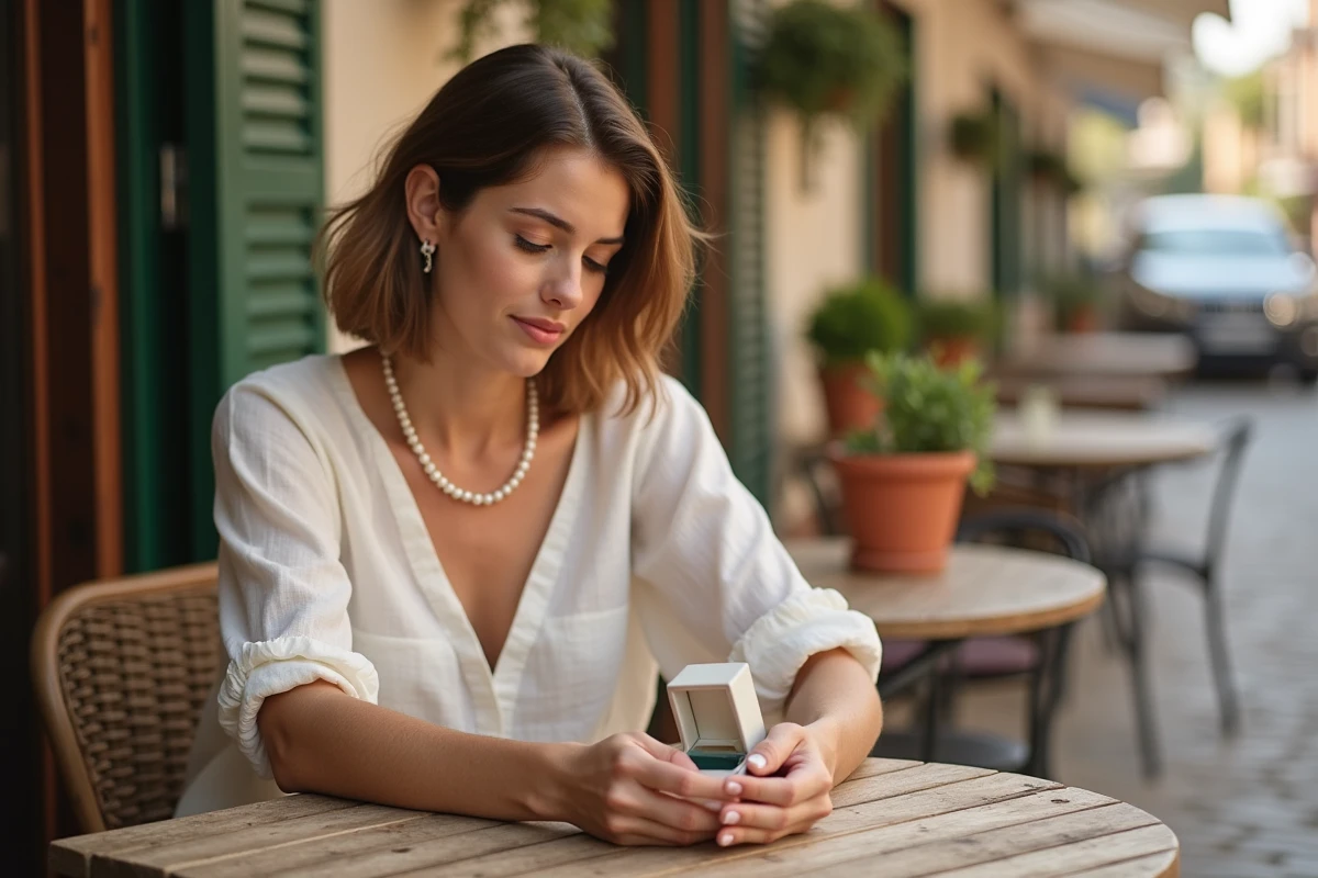 Femme en terrasse tenant un collier de perles d'eau douce dans un écrin ouvert en plein air
