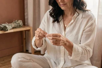 Femme qui démêle un collier en or avec pendentifs en cristal dans un espace méditatif minimaliste, signification spirituelle