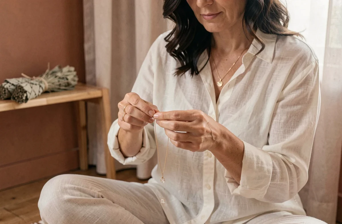 Femme qui démêle un collier en or avec pendentifs en cristal dans un espace méditatif minimaliste, signification spirituelle