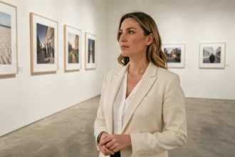 Femme élégante contemplant des photographies dans une galerie d'art moderne, illustrant la fascination du public pour les photos de personnalités