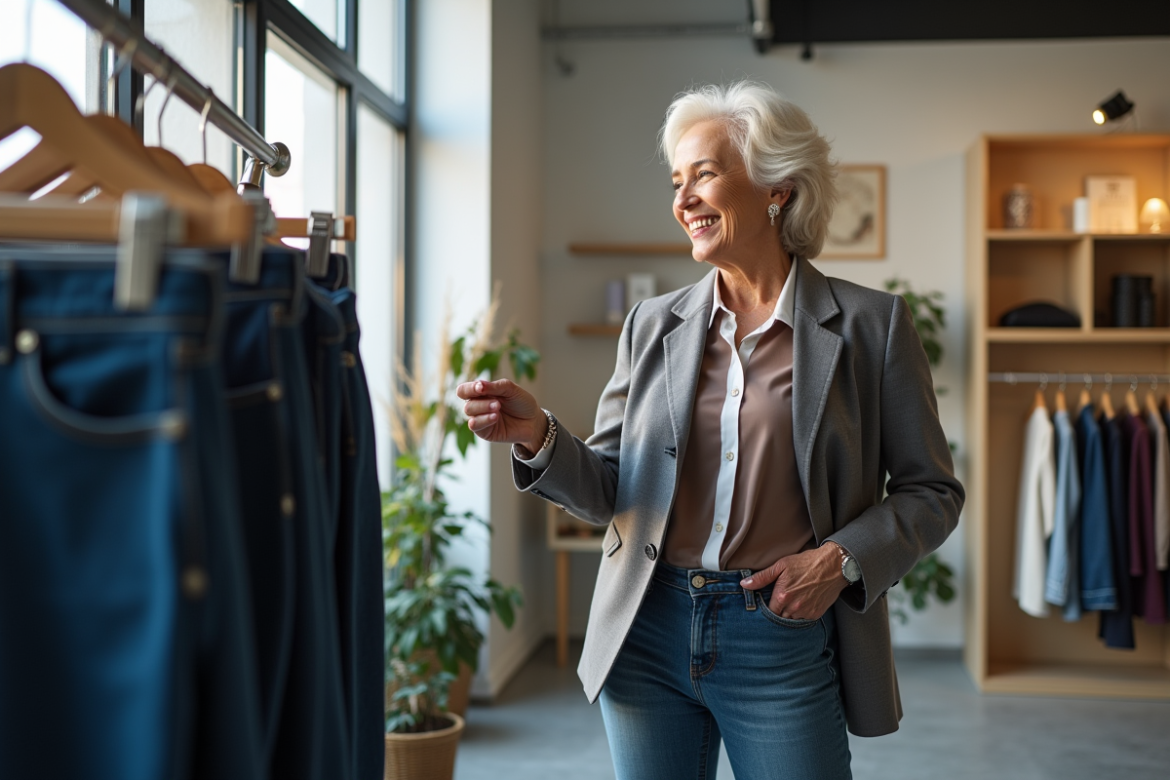 Femme élégante de soixante-dix ans essayant des jeans dans une boutique lumineuse