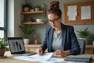Femme en bureau moderne examine des échantillons de tissus